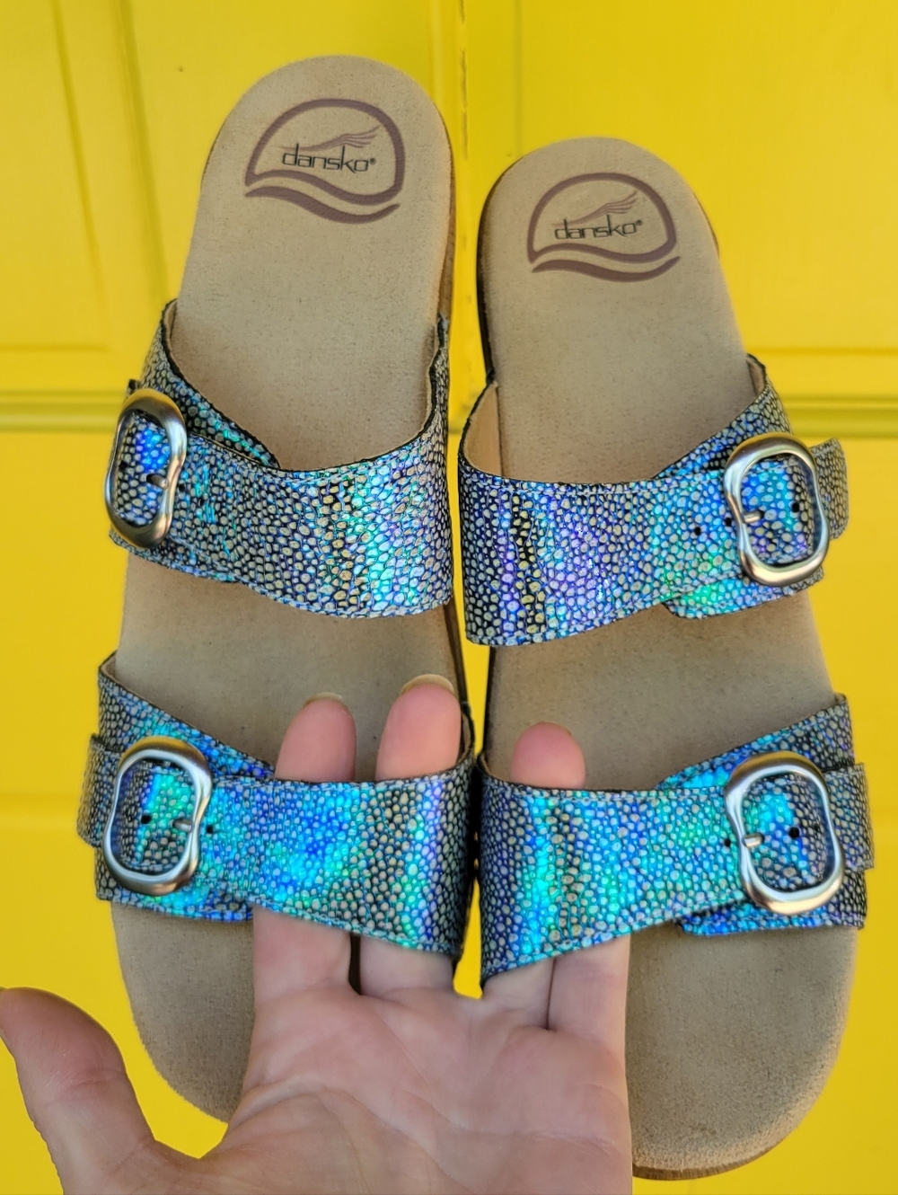 Dansko Sophie Iridescent Blue Leather Platform Slide Sandals EU 40 - Picture 3 of 13